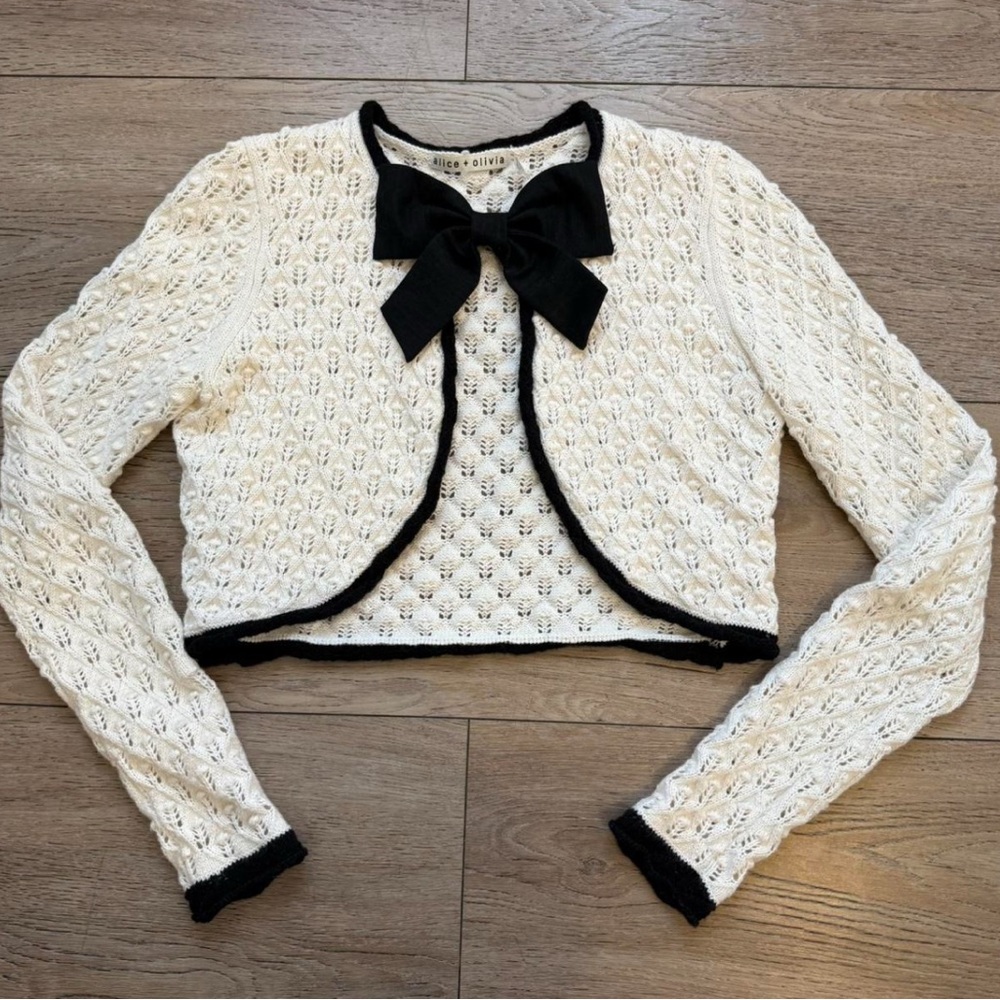 Dannie Bow Accent Open Stitch Cotton & Wool Cardigan